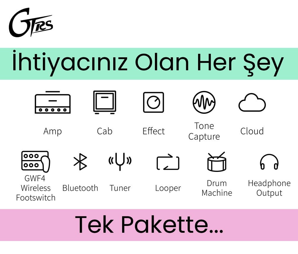 GTRS elektro gitar yanında mooer gitar efektleri amfi simülatör AI tone capture kabin simülatörü davul makinesi metronom akort aleti looper