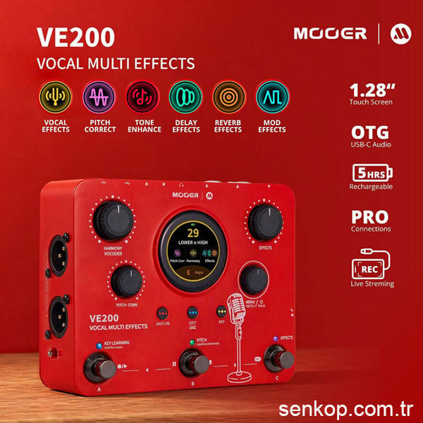 Mooer VE200 vokal multi-efekt prosesörü: vokal, pitch düzeltme, ton iyileştirme, delay, reverb ve modülasyon modülleri