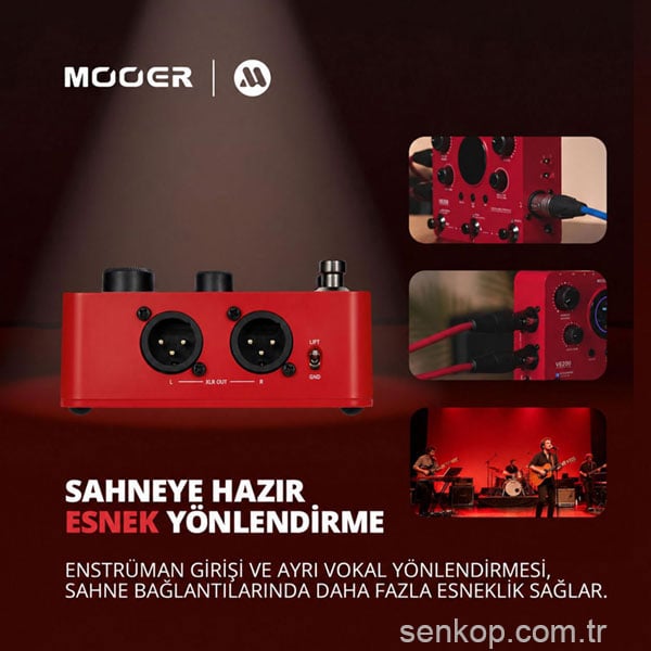 Mooer VE200 arka panel bağlantıları: dengeli XLR çıkışlar ve ayrı enstrüman girişi ile esnek sahne yönlendirmesi