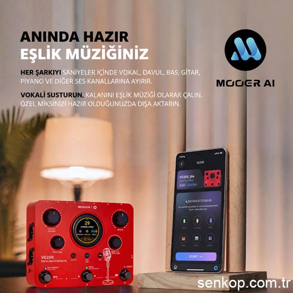 Mooer VE200 ve MOOER AI uygulaması: şarkıyı vokal, davul, bas, gitar ve piyano kanallarına ayırıp eşlik müziği oluşturma