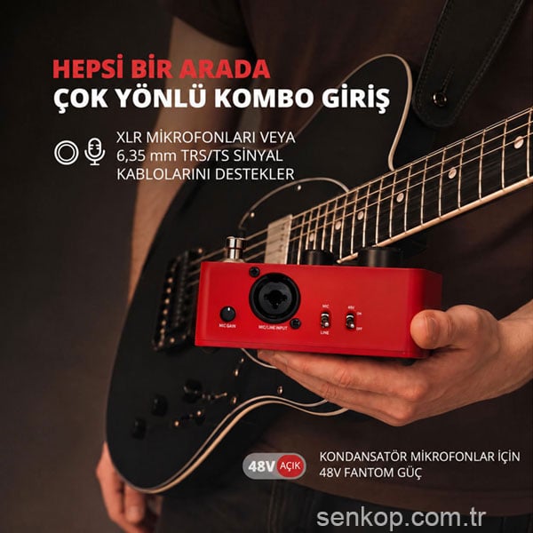 Mooer VE200 kombo giriş: XLR mikrofon veya 6,35 mm TRS/TS kablo ve kondenser mikrofonlar için 48V fantom besleme